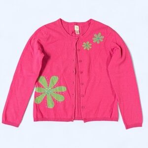 Garnet Hill Lambs Wool Pink Cardigan Sweater Green Flowers Sequins Small Y2K